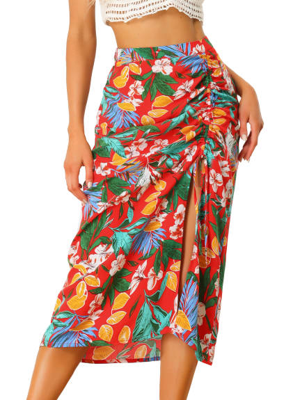 Allegra K- Flowy Ruched Front Floral Midi Skirt