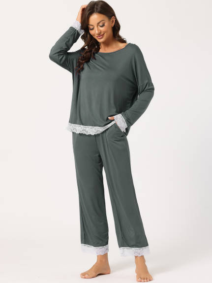 cheibear - Lace Trim Shirt and Pants Sleepwear 2pcs