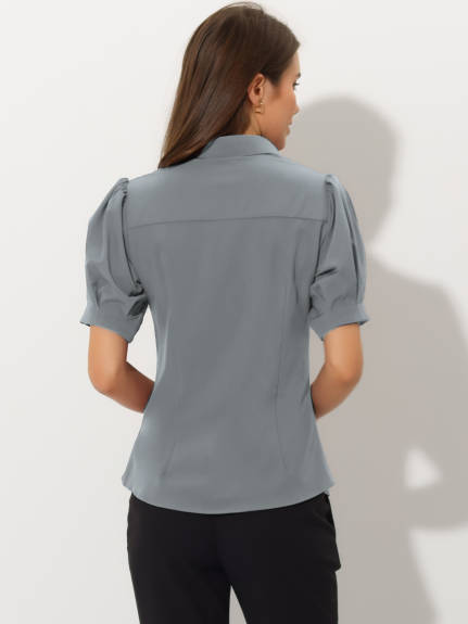 Allegra K- Puff Sleeve Collared Cotton Shirt