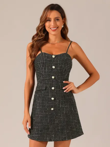 Allegra K- Plaid Button Spaghetti Strap Tweed Dress