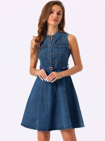 Allegra K- Denim Sleeveless Belted Flare Shirt Dress