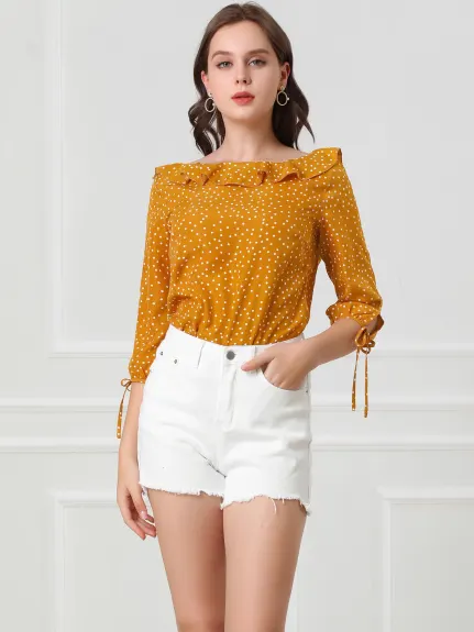 Allegra K- Ruffled Neck Half Sleeve Sheer Polka Dots Blouse