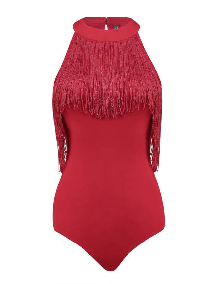 Allegra K - Fringe Trim Halter Neck Bodysuit