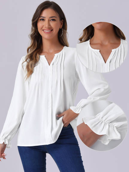 Allegra K - Blouse à manches longues plissée à encolure fendue