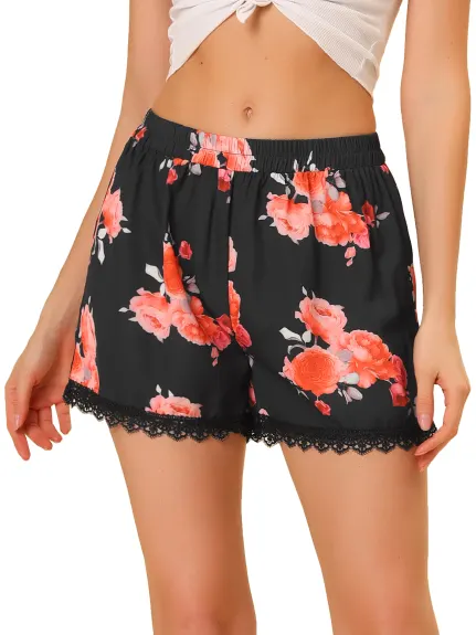 Allegra K - Summer Floral Printed Lace Trim Beach Shorts