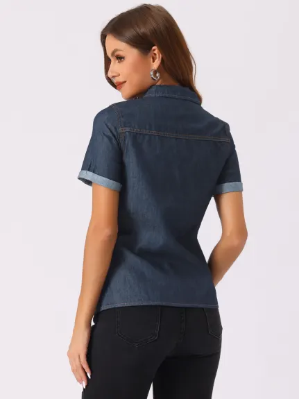 Allegra K- chemise en Jean col cranté boutonné