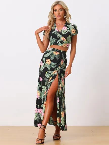 Allegra K - Tropical Wrap Crop Top Maxi Skirt Outfits