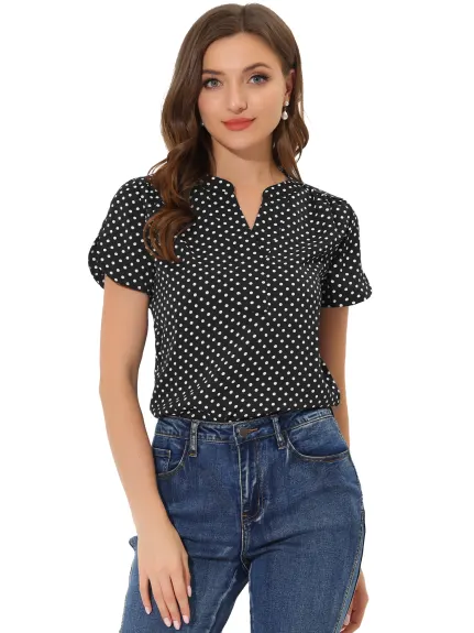 Allegra K- Dots Printed V Neck Short Sleeve Blouse