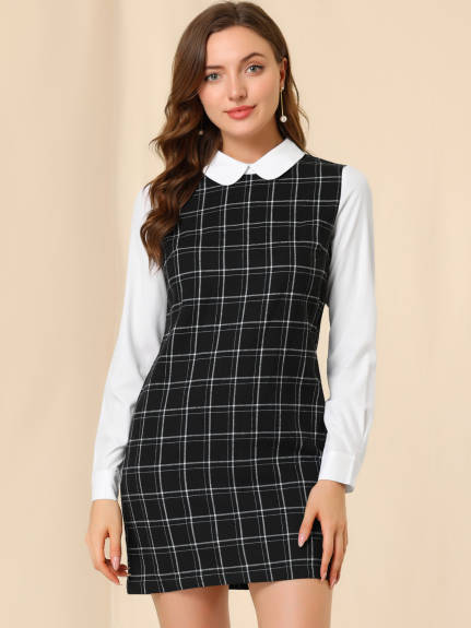 Allegra K- Peter Pan Collar Long Sleeve Check Shift Dress