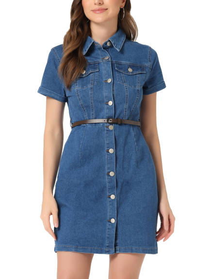 Allegra K- Collar Short Sleeve Belted Denim Shirt Dress