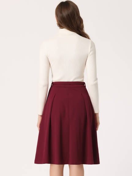 Allegra K - A-Line Belted Midi Pleated Skirt