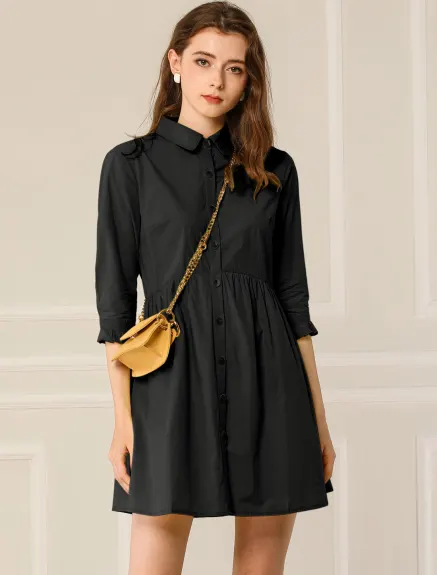 Allegra K- 3/4 Sleeve Button Up Flare Shirt Dress