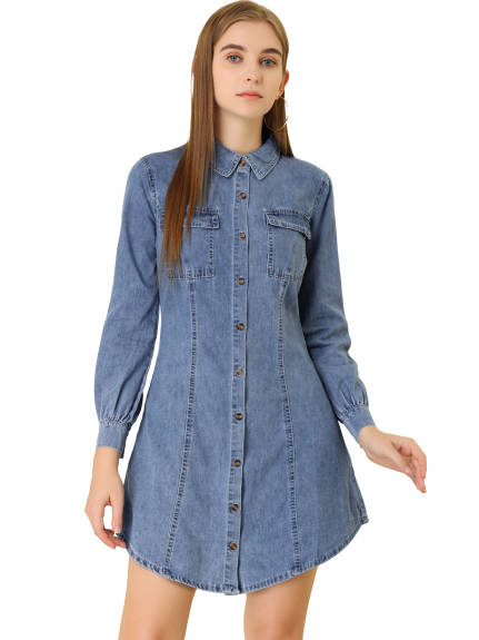 Allegra K- Long Sleeve Curved Hem Denim Shirt dress