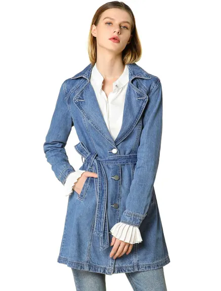 Allegra K- Notched Lapel Button Belted Long Denim Jacket