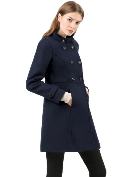 Allegra K- Stand Collar Long Sleeves Double Breasted Coat