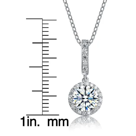 Genevive Sterling Silver White Gold Plated with Clear Round Cubic Zirconia Drop Pendant Necklace