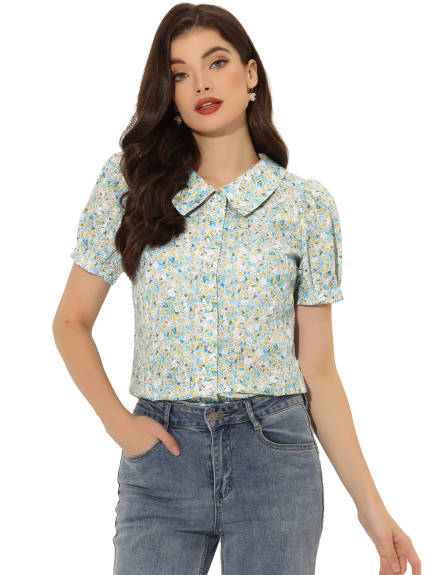 Allegra K- Puff Sleeve Turndown Collar Floral Blouse