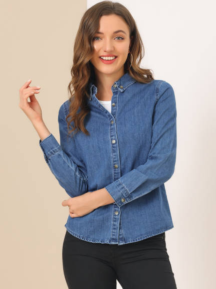 Allegra K- Long Sleeve Button Down Jean Denim Shirt