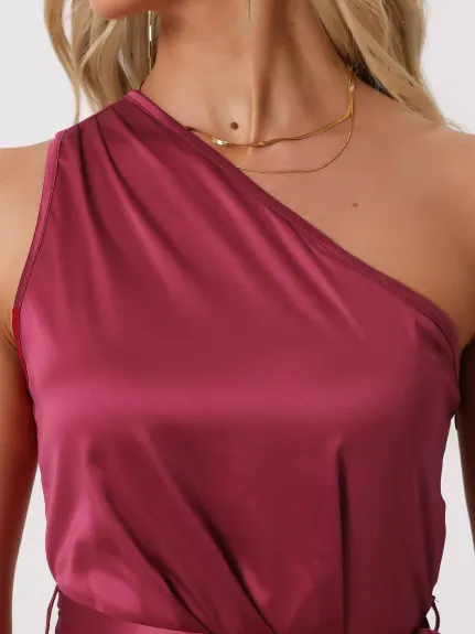 Allegra K- Satin One Shoulder Belted Split Dress