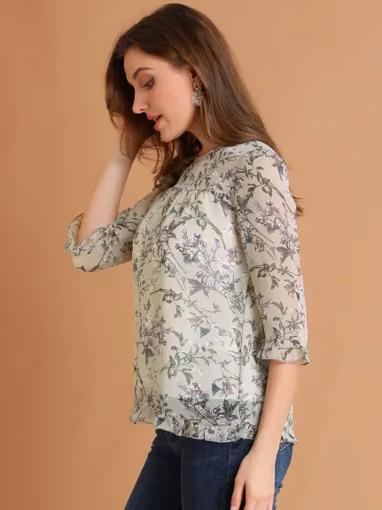 Allegra K- Floral Ruffled 3/4 Sleeve Chiffon Blouse