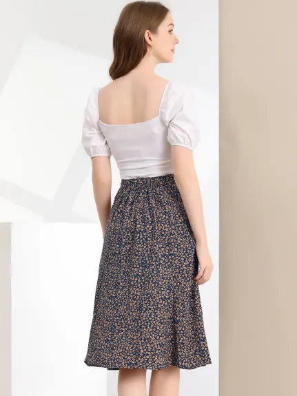 Allegra K- Elastic Waist A-Line Midi Leave Print Skirt