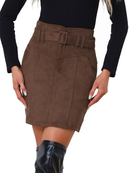 Allegra K - Faux Suede High Waist Belted Skirt