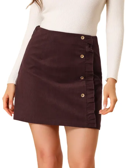 Allegra K - Corduroy Button Ruffled Trim Short Skirt