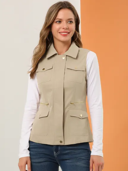 Allegra K- Zip Up Jacket with Pockets Cargo Utility Vest