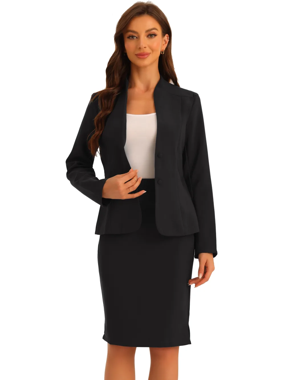 Allegra K - Collarless Blazer and Pencil Skirt Suit