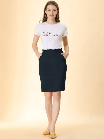 Allegra K- Elastic Waist Side Pockets Cotton Pencil Skirt