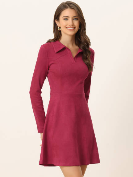 Allegra K- Faux Suede V Neck Long Sleeve A-Line Mini Dress