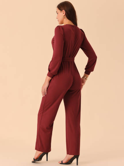 Allegra K - Long Sleeve V Neck Belted Jumpsuit