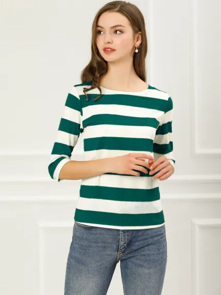 Allegra K- Boat Neck Elbow Sleeve Slim Fit Stripe T-Shirt