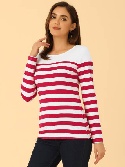 Allegra K- Color Block Long Sleeve Stripe T-Shirt