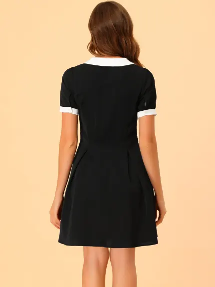 Allegra K- Contrast Collar Button Front Tie Neck Dress