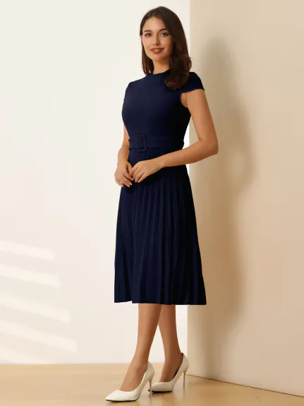 Hobemty- Mock Neck Belted A-Line Pleated Dress