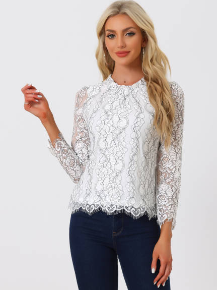 Allegra K- Ruffle Round Neck Long Sleeve Lace Floral Blouse