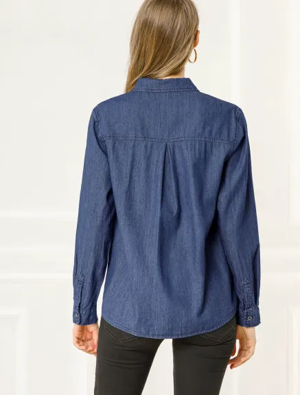 Allegra K- Chemise en jean boutonnée à manches longues