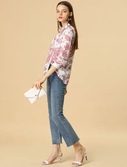 Allegra K- Bow Tie Long Sleeve Contrast Color Floral Blouse