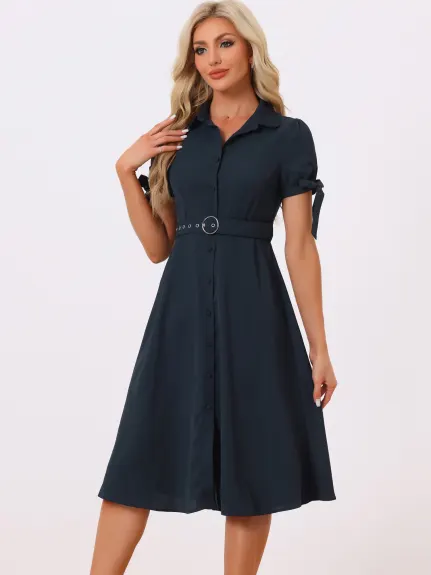 Allegra K- Shirt Dress Doll Collar Belted Puff Short Sleeves