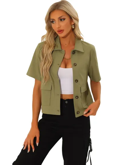 Allegra K- Veste boutonnée à manches courtes et col rabattu