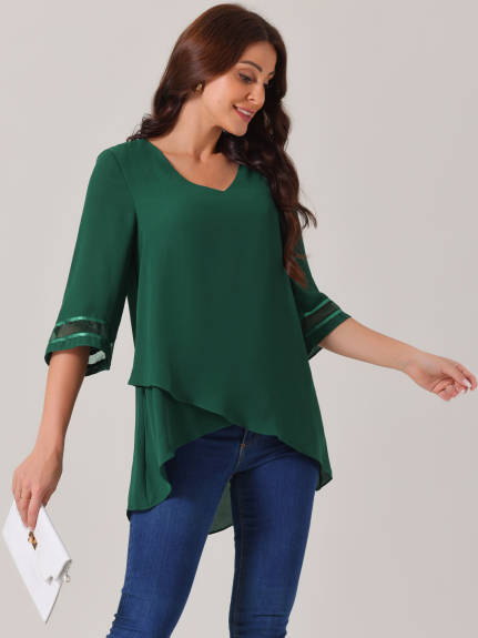 Allegra K - V Neck 3/4 Sleeve High Low Tunic Top