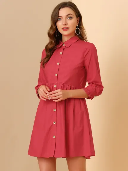 Allegra K- 3/4 Sleeve Button Up Flare Shirt Dress