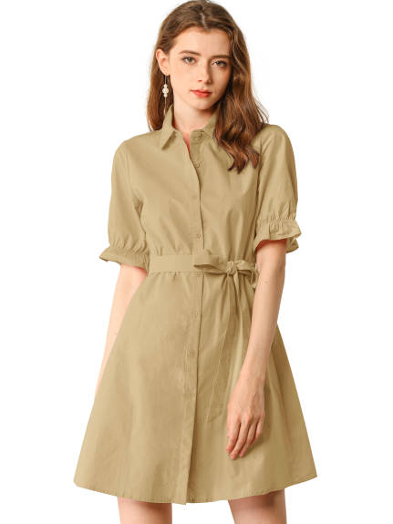 Allegra K- Ruffled Short Sleeve Belted Shirt Dress