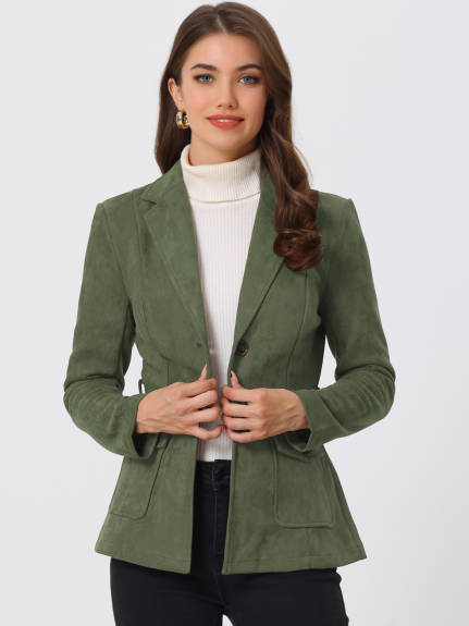 Allegra K- Faux Suede Belted Single Breasted Blazer Jacket Coat