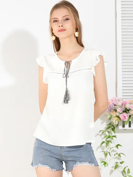 Allegra K - Flutter Sleeve Tassels Hollow-Out Summer Top