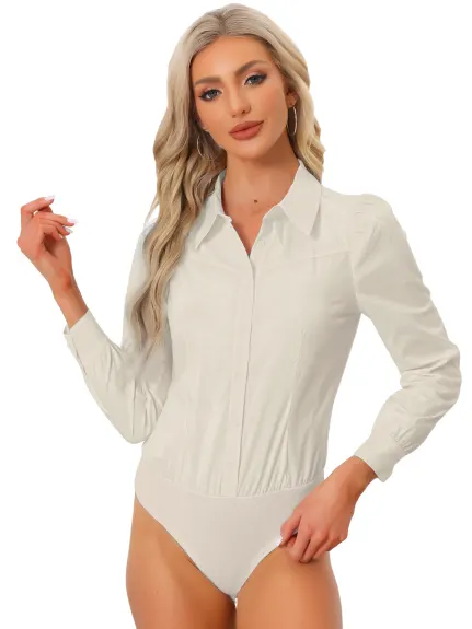 Allegra K- Leotard Collared Button Down Bodysuit