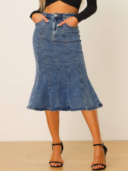 Allegra K- Fishtail Hem Bodycon Denim Midi Skirt