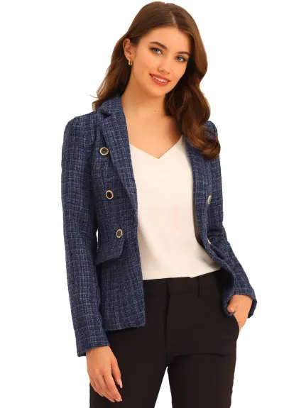 Allegra K- Notched Lapel Open Front Plaid Tweed Blazer