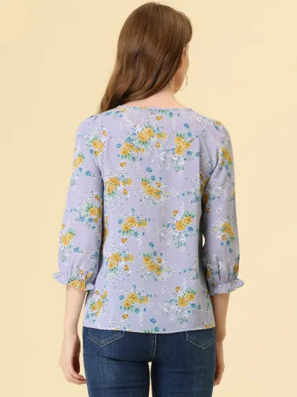 Allegra K- Tie V Neck Ruffled 3/4 Sleeve Floral Blouse